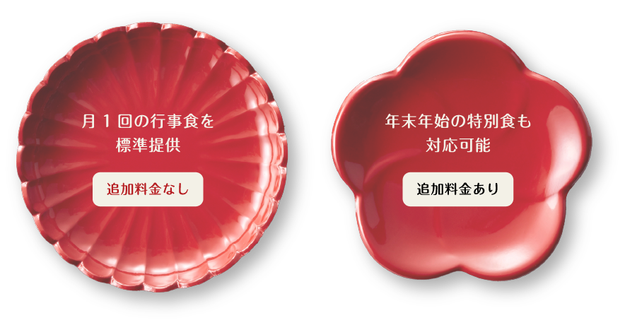 月1回の行事食を標準提供 加料金なし。年末年始の特別食も対応可能 加料金あり